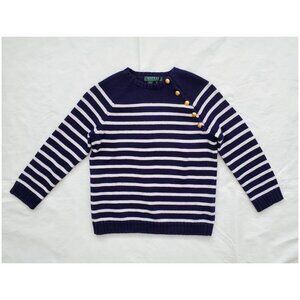Ralph Lauren Blue White Striped Cotton 3/4 Sleeve Sweater Gold Crest Button Sz S